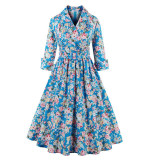 S- 4XL Women Dress Vintage 1950s 60s Rockabilly Floral Print Autumn Three Quarter Elegant Plus Size Dresses Tunic Vestidos
