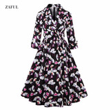 S- 4XL Women Dress Vintage 1950s 60s Rockabilly Floral Print Autumn Three Quarter Elegant Plus Size Dresses Tunic Vestidos