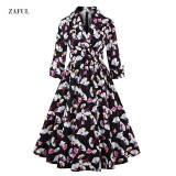 S- 4XL Women Dress Vintage 1950s 60s Rockabilly Floral Print Autumn Three Quarter Elegant Plus Size Dresses Tunic Vestidos
