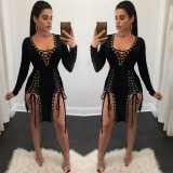 S - XXXL Plus Size Women Party Dresses 2017 Autumn V Neck Long Sleeve Lace Up Mini Dress Sexy Split Night Club Bandage Dress