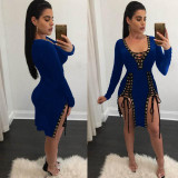 S - XXXL Plus Size Women Party Dresses 2017 Autumn V Neck Long Sleeve Lace Up Mini Dress Sexy Split Night Club Bandage Dress