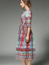 Retro Round Neck Half Sleeve Printing Chiffon Midi Dress
