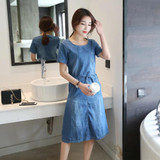 2017 Summer New Style Plus Size Women's Clothing, Ladies Lace Up Casual Short Sleeves Denim Dress, Vintage Elegant Jeans Dresses