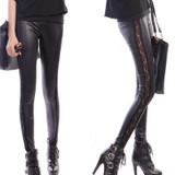 2017 NEW Ladies Sexy Wet Look Leggings Black Lace Side Shiny Leather Look