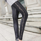 2017 NEW Ladies Sexy Wet Look Leggings Black Lace Side Shiny Leather Look