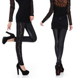 2017 NEW Ladies Sexy Wet Look Leggings Black Lace Side Shiny Leather Look