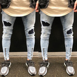 2017 new fashion summer fake zippers slim pencil solid Men's Ripped Skinny Biker Jeans Destroyed Frayed Slim Fit Denim Pants Q