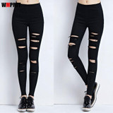 2017 new fashion spring Women Denim Skinny Cut Pencil Pants Mid Waist Stretch Jeans Trousers Cotton hole Women's pants