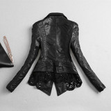 2017 New Fashion PU Jacket Lace Patchwork Slim Women Jacket Pu Leather V-neck Short Outwear Coat S352