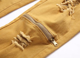 2017 New Fashion Khaki Color Jeans Men Slim Knee zipper Designer Soft Denim Jeans homme Wholesale Ripped Jeans For Men