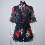 2016 Summer Style Boho V Neck Red Navy Floral Print Women Playsuits Sexy Elegant Party Beach Jumpsuits Rompers Chiffon Overalls