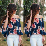 2016 Summer Style Blusas Women Blouses Shirt Off Shoulder Floral Printed Long Sleeve Strapless Women Tops Blouse