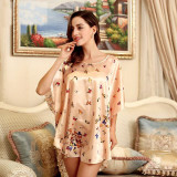 2016 Summer Silk Sexy Nightgowns Women Elegant Sleepshirts Printed Plus Size Lounge Butterfly Sleeves Coffee Female Nightdress