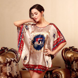 2016 Summer Silk Sexy Nightgowns Women Elegant Sleepshirts Printed Plus Size Lounge Butterfly Sleeves Coffee Female Nightdress