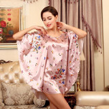 2016 Summer Silk Sexy Nightgowns Women Elegant Sleepshirts Printed Plus Size Lounge Butterfly Sleeves Coffee Female Nightdress