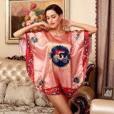 2016 Summer Silk Sexy Nightgowns Women Elegant Sleepshirts Printed Plus Size Lounge Butterfly Sleeves Coffee Female Nightdress