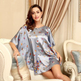 2016 Summer Silk Sexy Nightgowns Women Elegant Sleepshirts Printed Plus Size Lounge Butterfly Sleeves Coffee Female Nightdress