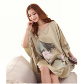 2016 Summer Silk Sexy Nightgowns Women Elegant Sleepshirts Printed Plus Size Lounge Butterfly Sleeves Coffee Female Nightdress