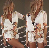 2016 summer Sexy Women Short Sleeve Floral Printing Jumpsuits V Neck Sexy Chiffon  Tops Hot  rompers