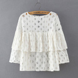 2016 Summer Plus Size Women Short Blouses Shirts o neck 3/4 sleeve lace hollow out loose ruffles blouse ladies tops White Black