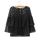 2016 Summer Plus Size Women Short Blouses Shirts o neck 3/4 sleeve lace hollow out loose ruffles blouse ladies tops White Black