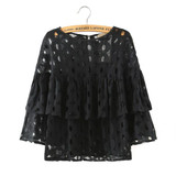 2016 Summer Plus Size Women Short Blouses Shirts o neck 3/4 sleeve lace hollow out loose ruffles blouse ladies tops White Black
