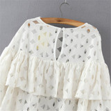 2016 Summer Plus Size Women Short Blouses Shirts o neck 3/4 sleeve lace hollow out loose ruffles blouse ladies tops White Black