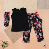 2016 summer Girls Clothing Sets Fashion Baby Girls Clothes floral casual sleeveless outfit +headband Children's Clothes set