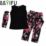 2016 summer Girls Clothing Sets Fashion Baby Girls Clothes floral casual sleeveless outfit +headband Children's Clothes set