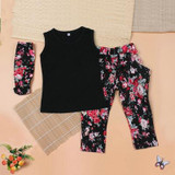 2016 summer Girls Clothing Sets Fashion Baby Girls Clothes floral casual sleeveless outfit +headband Children's Clothes set