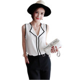 2016 Summer Fashion Womens Casual White V Neck Sleeveless Black Side Chiffon Blouse Shirt Work Wear Women Tops