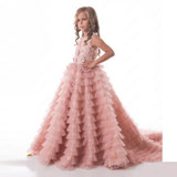Flower Girl Dresses Tutu Blush Pink Tiered Beading Pearls Kids Evening Gowns Ball Gown Girls First Communion Dresses For Girls