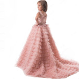 Flower Girl Dresses Tutu Blush Pink Tiered Beading Pearls Kids Evening Gowns Ball Gown Girls First Communion Dresses For Girls