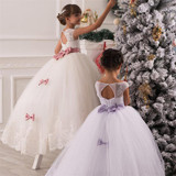 Flower Girl Dresses For Wedding Lace Appliques Beads Puffy Girls Pageant Gowns Hollow Lace Up Bow Sash Birthday Dresses