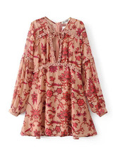 Floral V-neck Long Sleeves Mini Bohemia Beach Dress