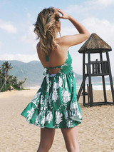 Floral V-neck Backless Falbala Mini Dress