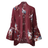 Floral Print Lace Chiffon Blouse Shirt Women Open Stitch Flare Sleeve Elegant Ladies Blouses Loose Top Female Shirts Blusas 2017