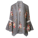 Floral Print Lace Chiffon Blouse Shirt Women Open Stitch Flare Sleeve Elegant Ladies Blouses Loose Top Female Shirts Blusas 2017