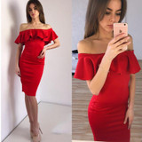2016 New Ruffles Slash Neck Summer Dress Women Off Shoulder Casual Dress Sexy Vestidos Black Red Blue Club Party Dresses