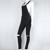 2016 New Overalls Women Casual Hole Pocket Sleeveless Denim Jumpsuit Women Combinaison Femme Black Romper Jumpsuit Bodysuit