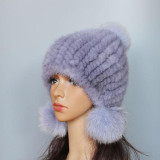2016 New mink hat Ladies fashion Fox fur ball fur hat Mink knit hats Casual mink hat Female Headgear