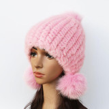 2016 New mink hat Ladies fashion Fox fur ball fur hat Mink knit hats Casual mink hat Female Headgear