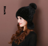 2016 New mink hat Ladies fashion Fox fur ball fur hat Mink knit hats Casual mink hat Female Headgear
