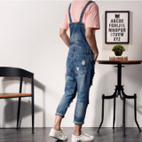 2016 New Mens Bib Overalls Fashion Ankle Length Denim Overalls Men Ripped Jeans Male Denim Jumpsuit