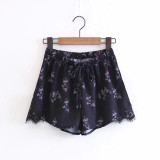 2017 Summer Sweet Flower Print Short Shorts Lace Chiffon Patchwork Elastic Waist Chiffon Casual women shorts