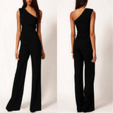 2017 Summer Style Black Chiffon Women Long Rompers Jumpsuit Sexy One Shoulder Off Empire Club Party Playsuits Overalls Macacao