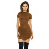 2017 Summer Short Sleeve Slim Party Mini Dress Casual Ladies Vestido Vintage Women Brown Tight Faux Suede Bodycon Dresses