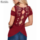 2017 Summer Sexy Women Blusas Vintage Lace Crochet Short Sleeve Hollow Backless Off Shoulder Tee Tops Solid Blouse Shirts
