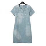 2017 Summer Plus Size Jeans Women's Dress Casual Beaded Denim Female Dresses Clothing 4XL 5XL Jean Retro Vestidos