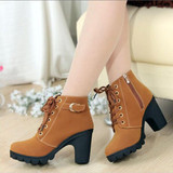 2016 New Autumn Winter Women Boots High Quality Solid Lace-up European Ladies shoes PU Leather Fashion Boots Free Shipping